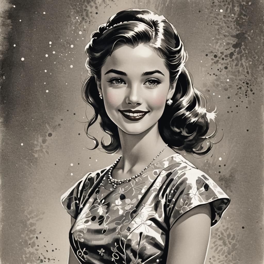 Smiling Girl in 50s Dress, Sumi-e Style