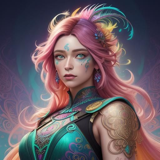 Fantasy Woman with Peacock Feathers, Digital Art