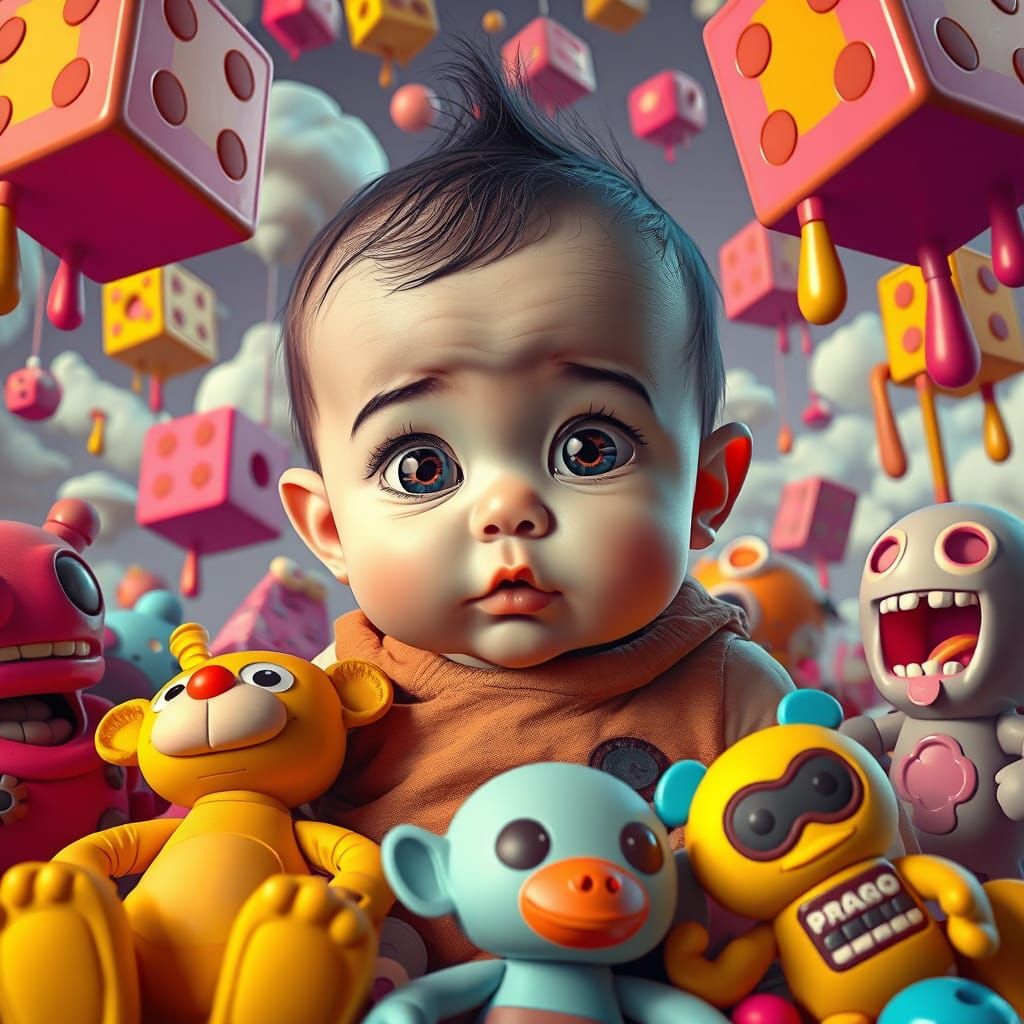 Whimsical Portrait of a Baby Surrounded by Oversized Toys in...