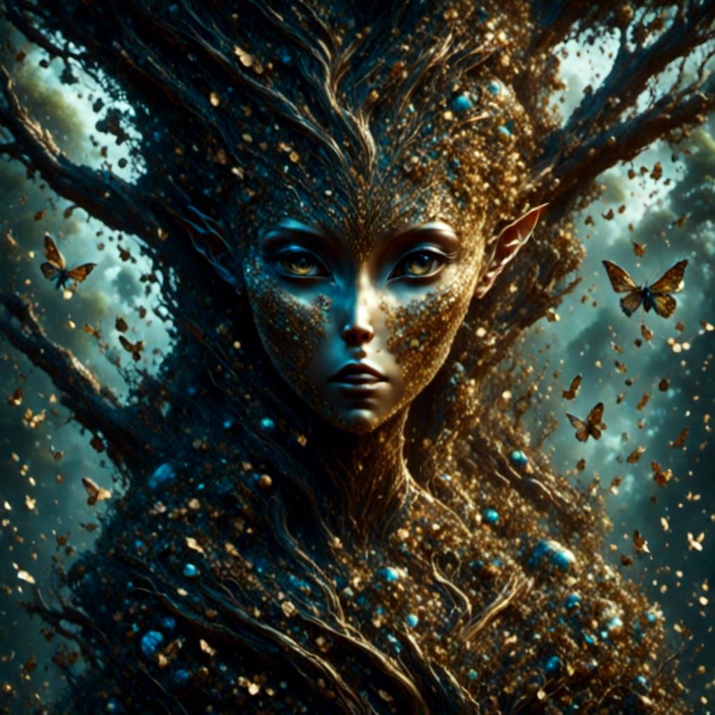 Clay Face in Ancient Tree with Butterflies