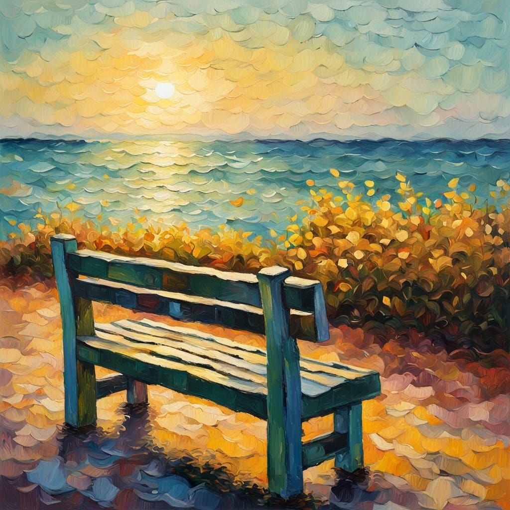 Neo-Impressionist Oil Painting of a Bench Overlooking the Se...
