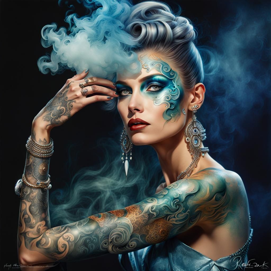 Watercolor Tattooed Lady with Expressive Eyes