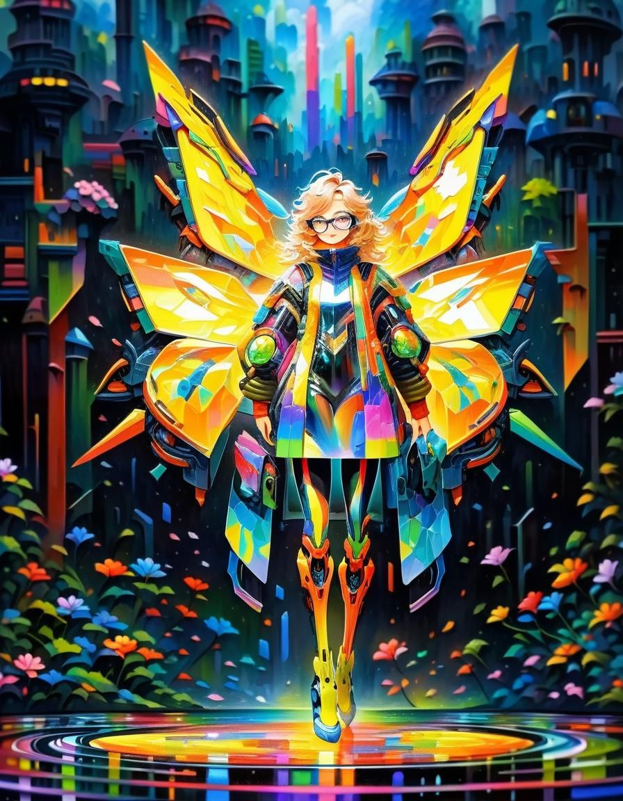 Anime Woman in Iridescent Blossoms: Expressionist Oil Painti...