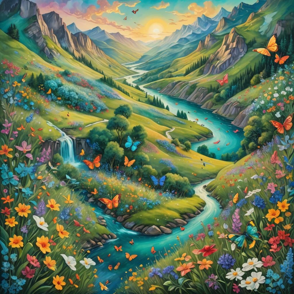 Lush Fantasy Landscape with Butterflies, Digital Painting