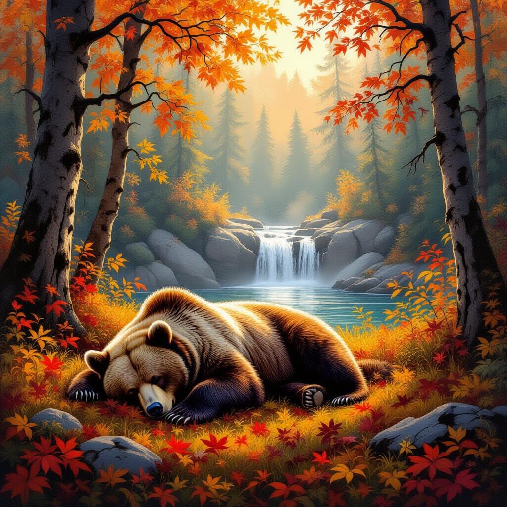 Grizzly Bear Sleeping in Autumn Forest Near Waterfall