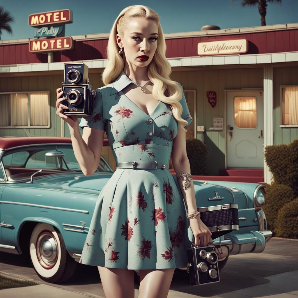 Retro Woman with Camera Outside Motel