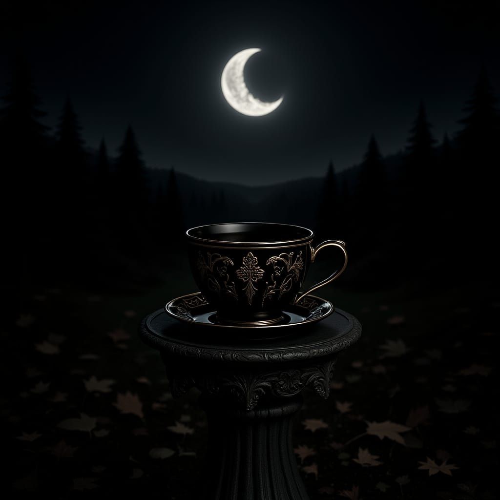 Gothic Tea Cup at Twilight in Autumn Landscape