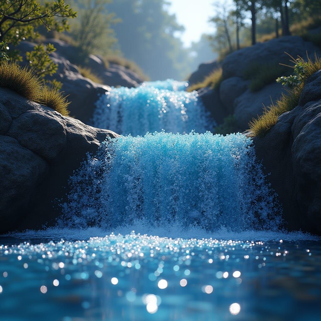 Glass Bead Waterfall in Ethereal Digital Art Style