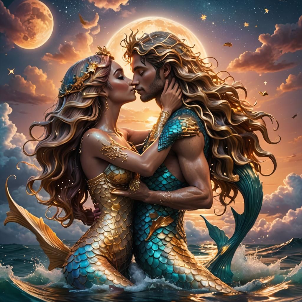 Romantic Mermaid and Merman Kiss in Golden Light