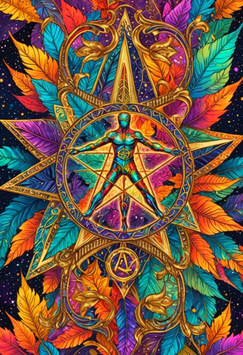 Metal Pinnacle with Pentagram in Colorful Autumn Landscape