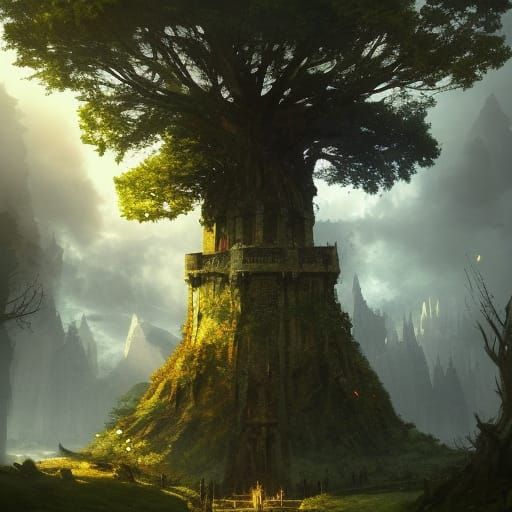 Epic Ruined Castle in Giant Tree: Dark Fantasy Art