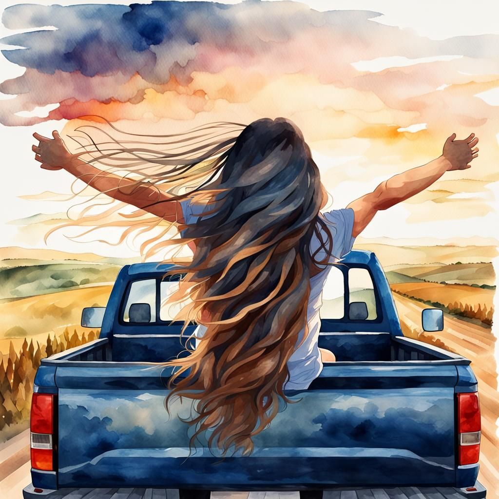 Sunset Road Trip Double Exposure Watercolor