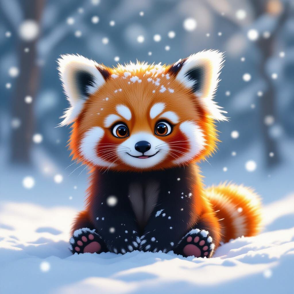 Adorable Baby Red Panda in Snowy Winter Wonderland