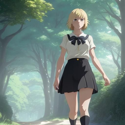 Anime Style Blond Woman in Black Skirt