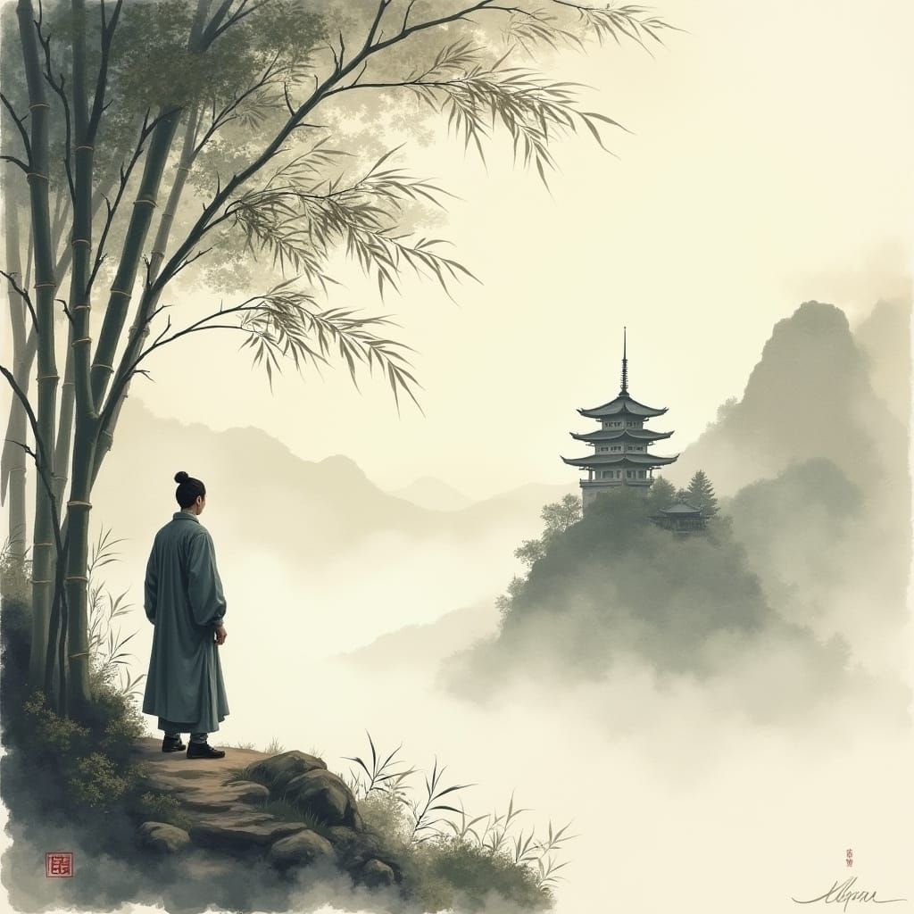 Mist-Shrouded Pagoda: Chinese Ink Wash Painting