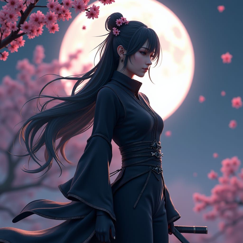 Mystical Ninja Under Cherry Blossoms in Anime Style