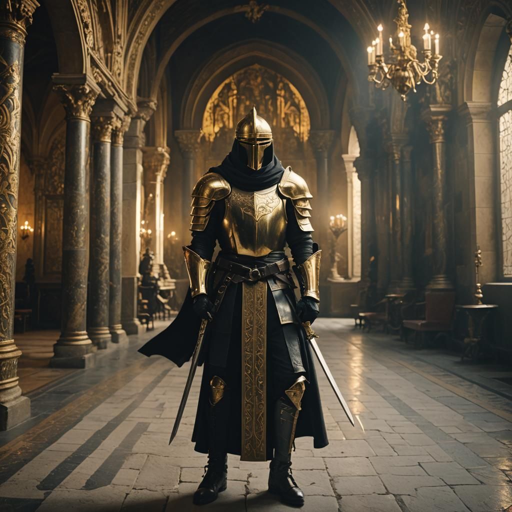 Paladin in Gold Armor in Ornate Castle