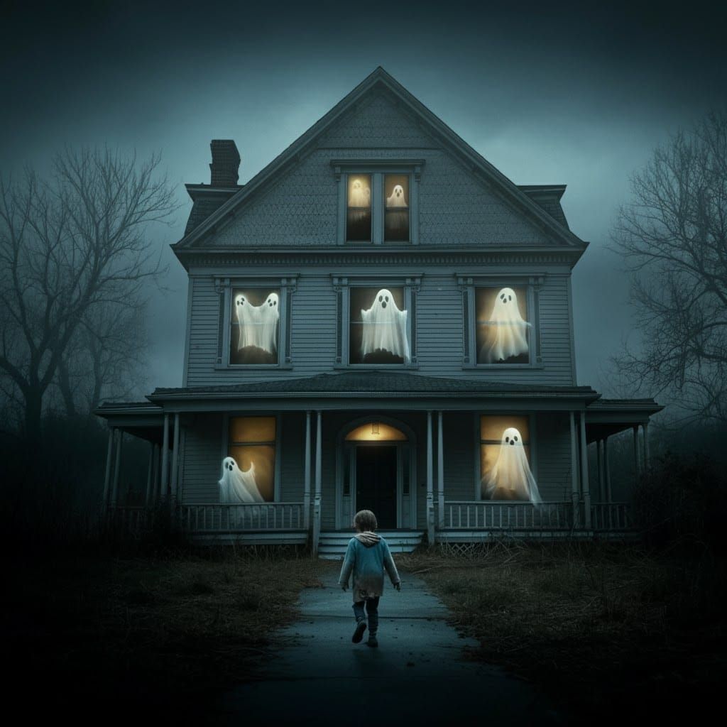 Eerie House with Ghosts and Child: Cinematic Film Still