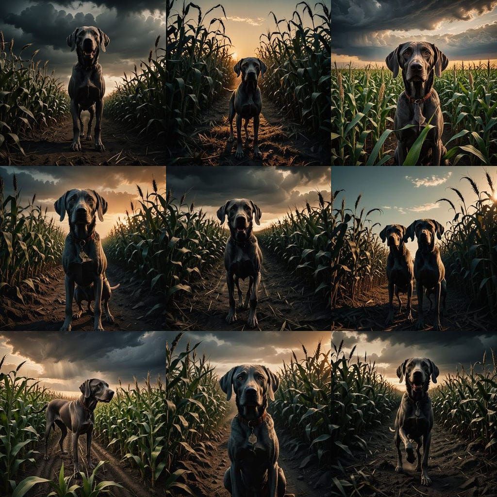 Epic Weimaraner in a Haunted Cornfield