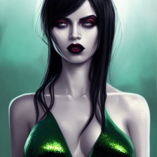 Ethereal gothic young lady with jet black hair and Emerald green highlights and Emerald green eyeshadow and Emerald gree...