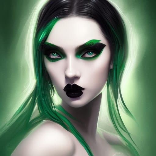 Ethereal gothic young lady with jet black hair and Emerald green highlights and Emerald green eyeshadow and Emerald gree...