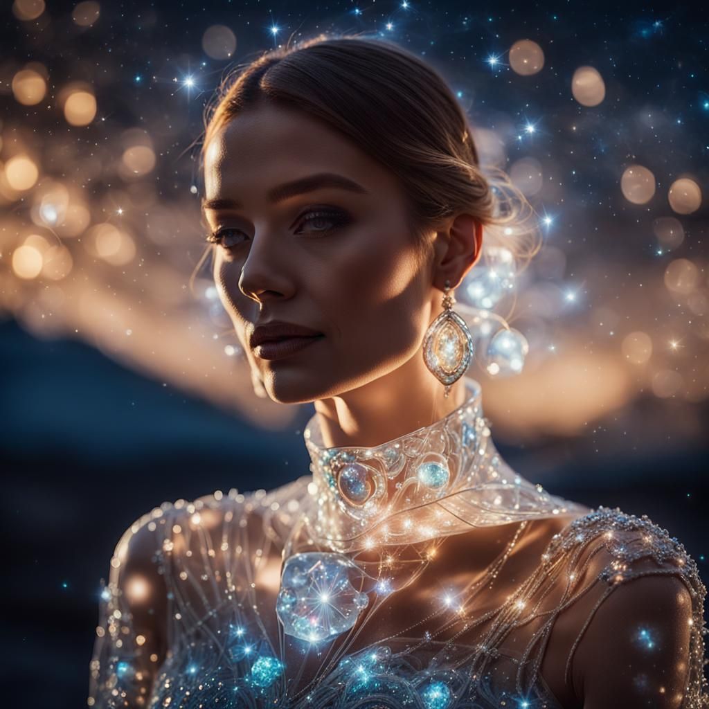 Woman in Glass Dress with Night Sky Background