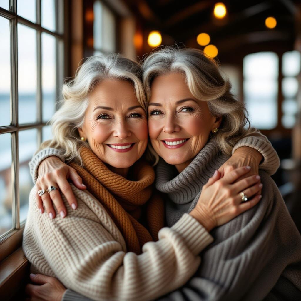 Women Embrace Man in Lighthouse: Warm, Natural Light