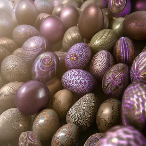 Decorated Eggs in Purple Hues: Hyperrealistic Image