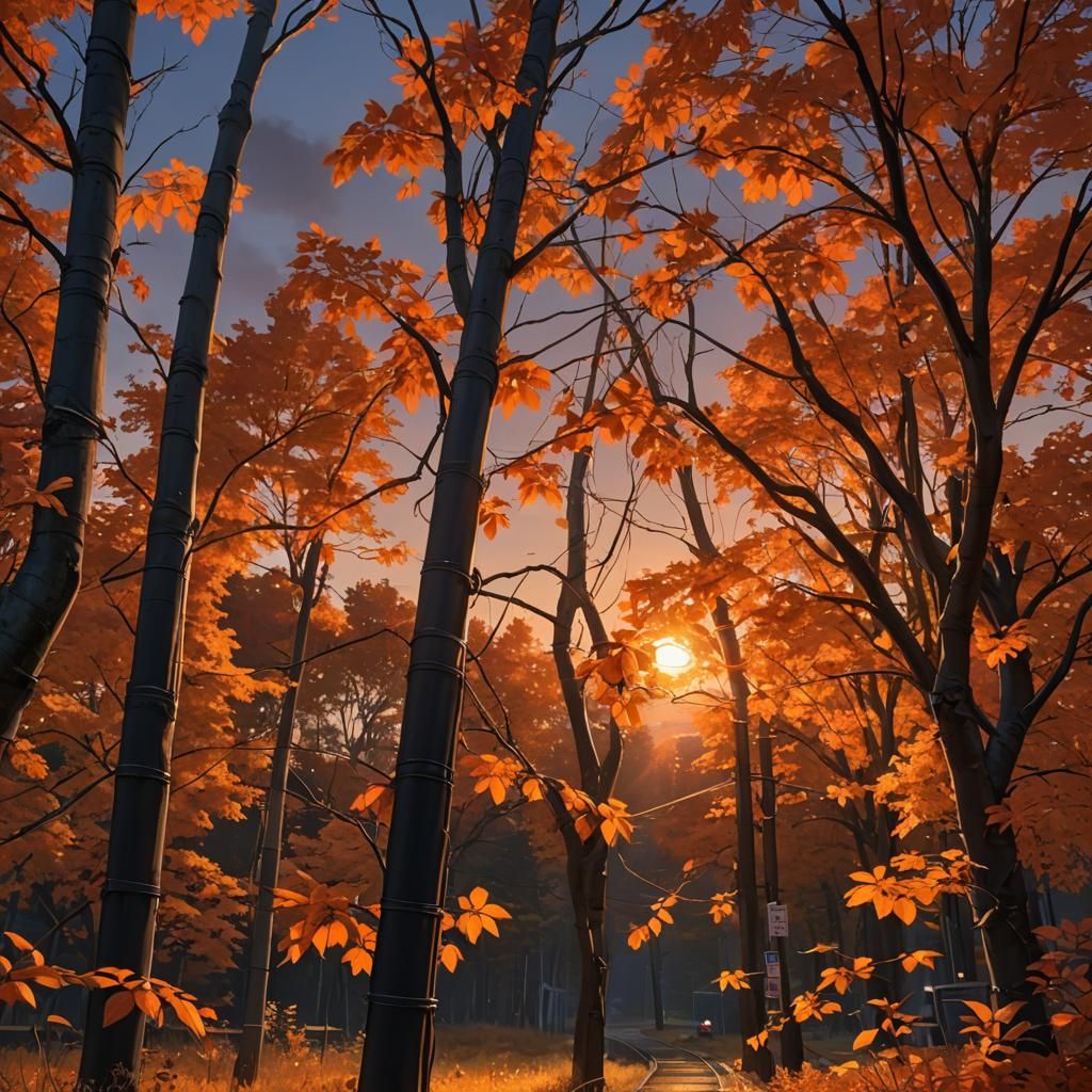 Vermont Sunset: Autumn Leaves in Anime Style