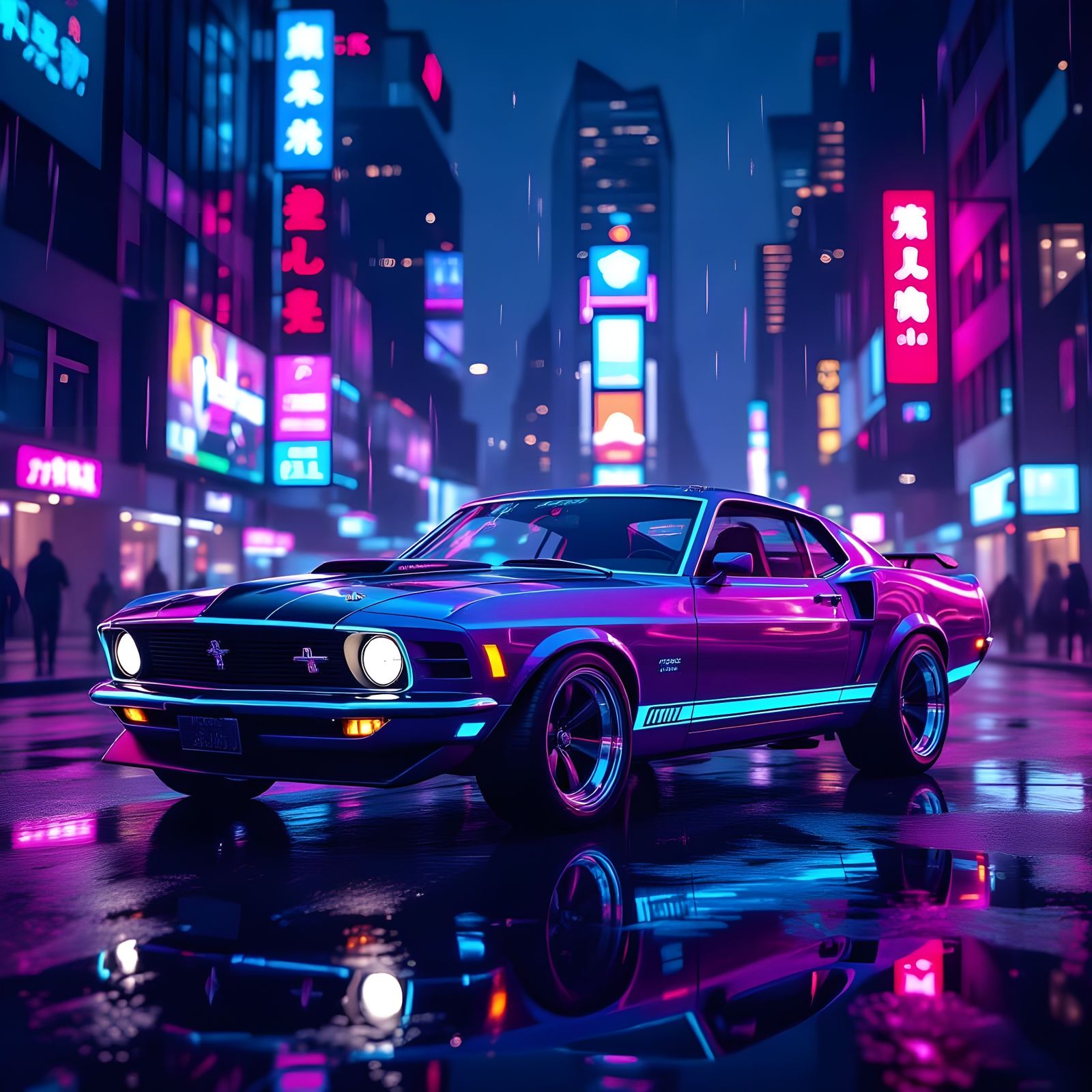 Cyberpunk 1970 Mustang in Neon Cityscape