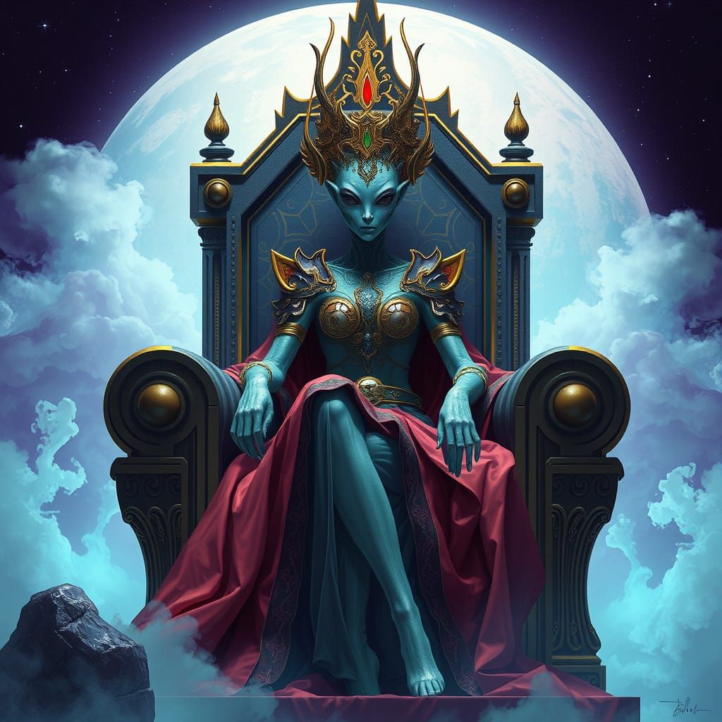 Alien Queen on Throne in Ethereal Landscape