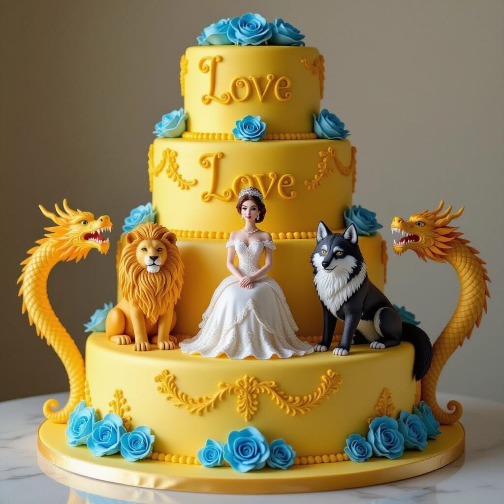 Gold Cake with Love and Blue Roses