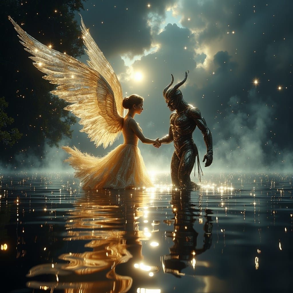 Ethereal Angel and Demon Waltz Under Crescent Moon