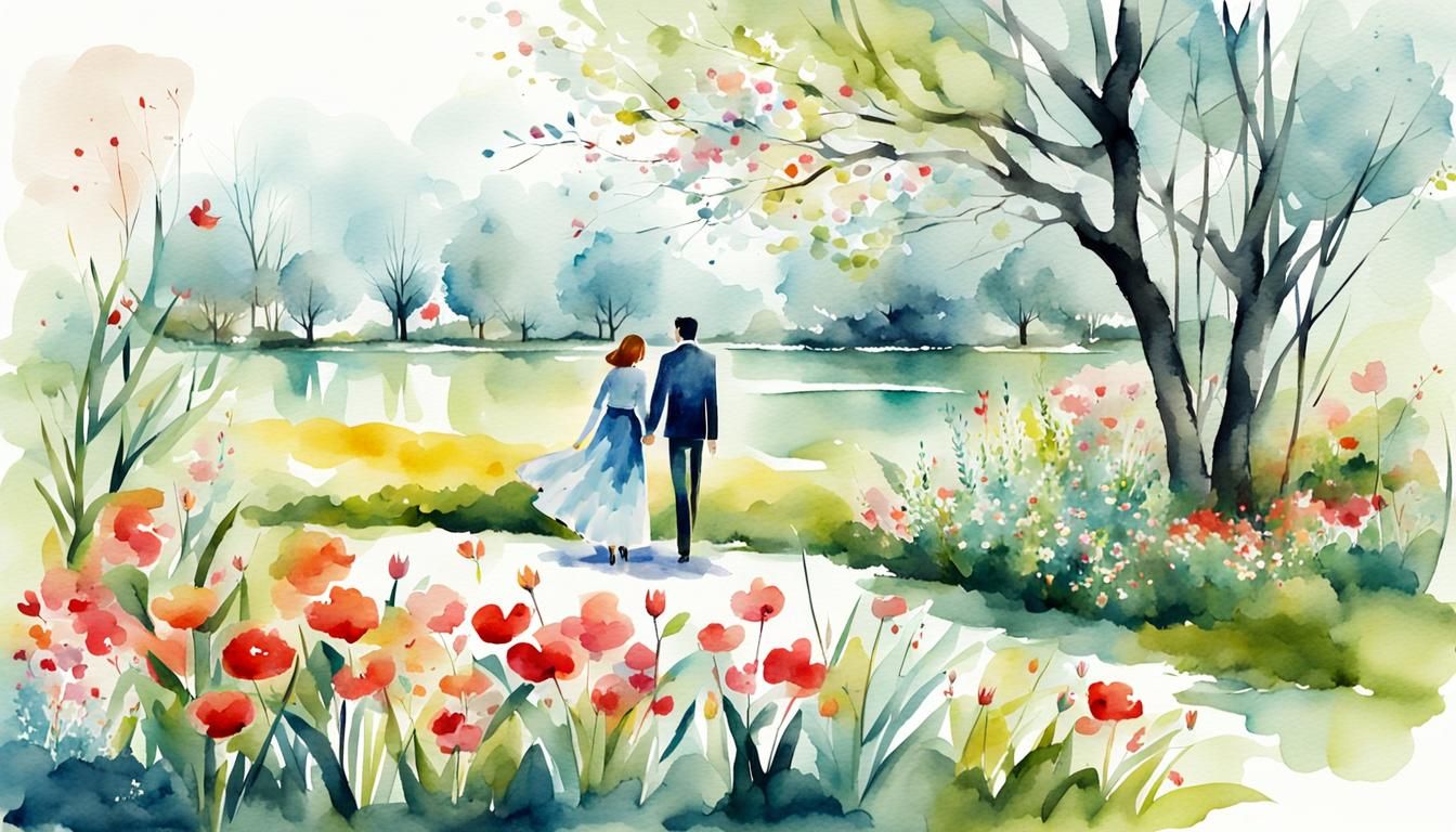 Modern Couple in Spring, Watercolor Illustration