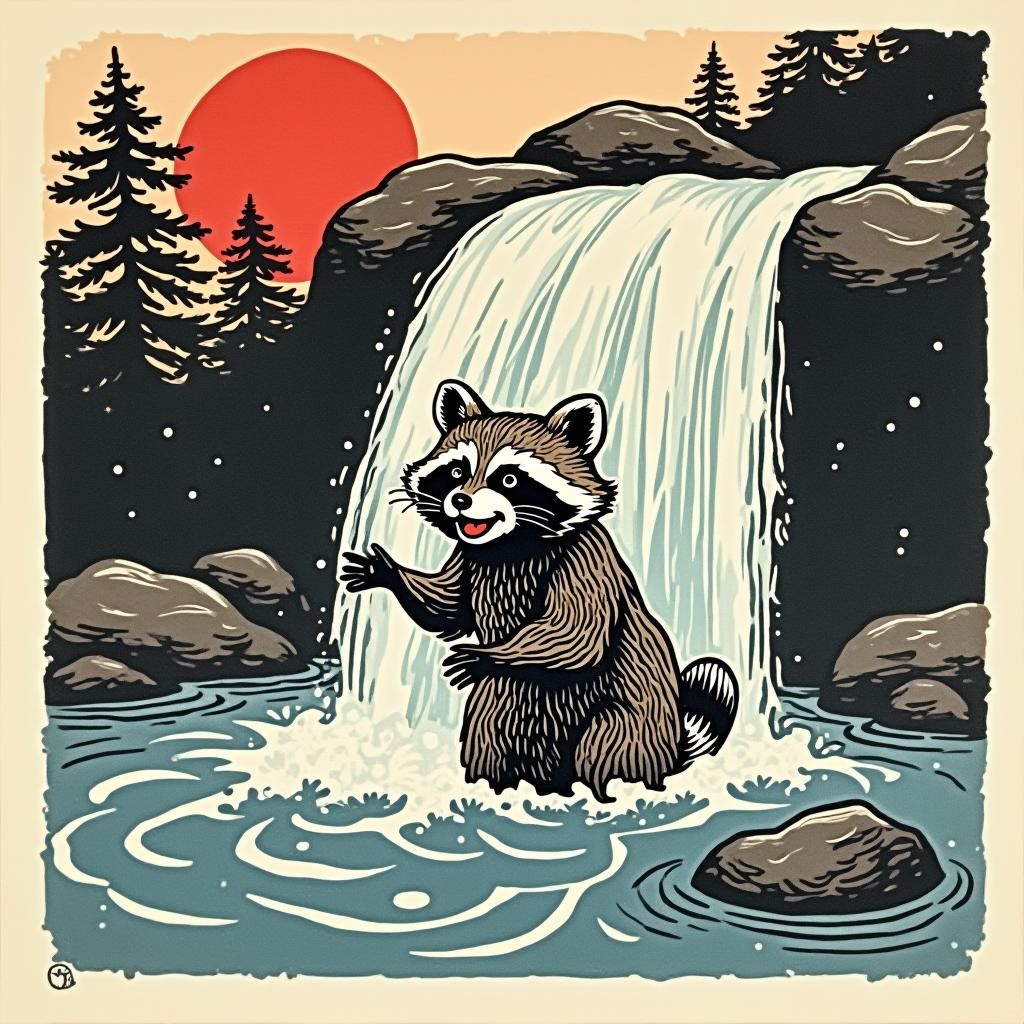 japanese woodcut inspired happy raccoon playing in stylized ...
