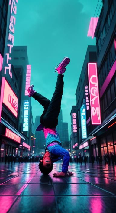 Upside Down Breakdance in Neon Cityscape
