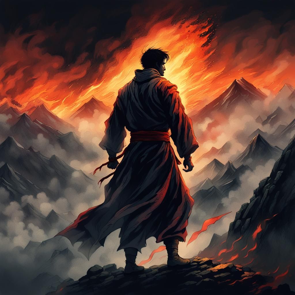 Taekwondo Fighter on Misty Peak, Dark Fantasy Art
