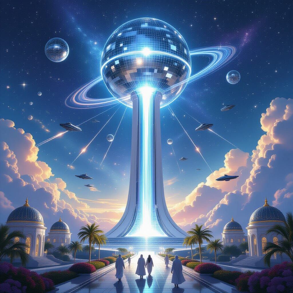 Futuristic Space Elevator to Mirrored Disco Sphere