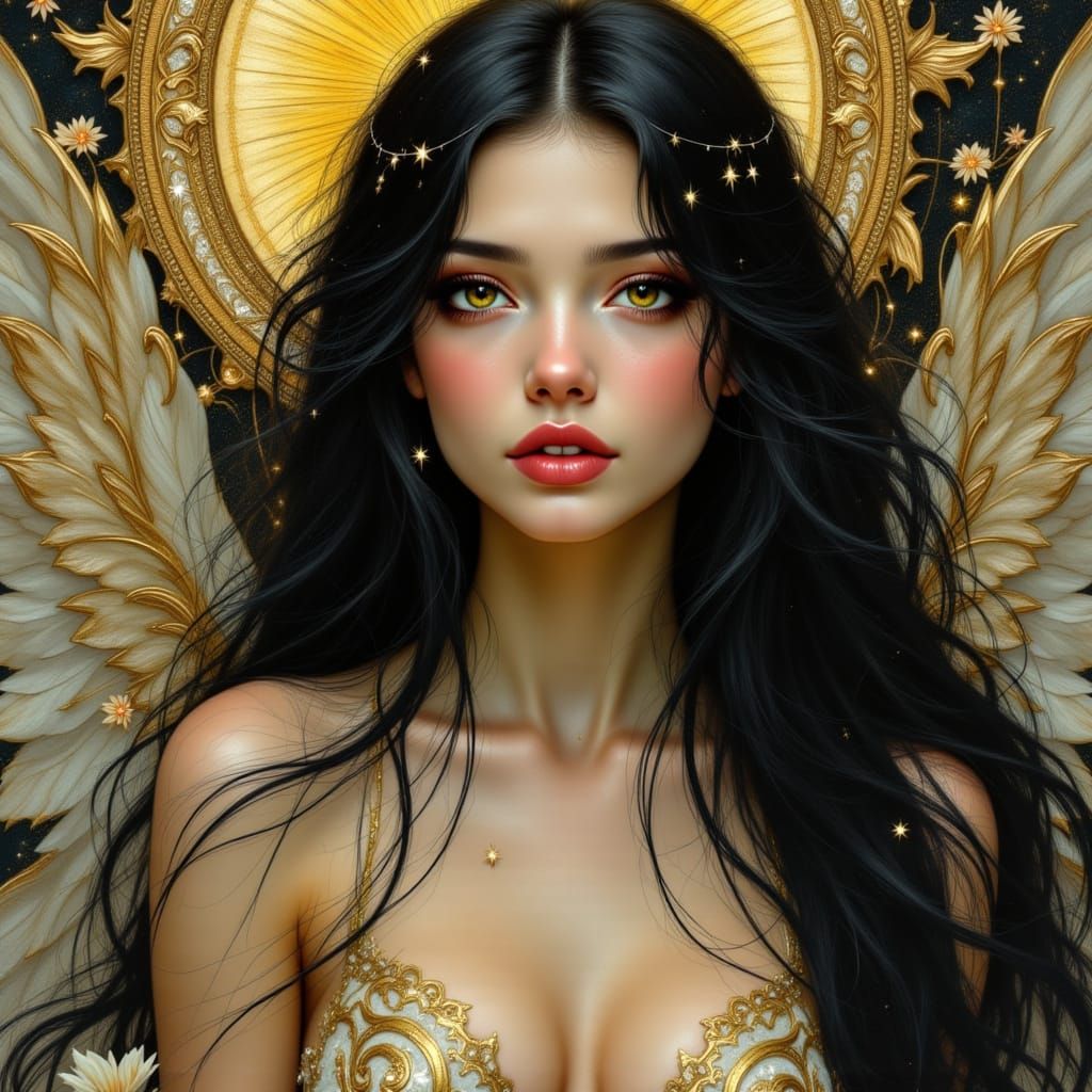 Fantasy Angel with Black Hair in Pre-Raphaelite Style