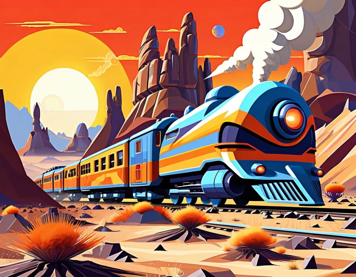 Steam Train on Alien Desert in Low Poly Style