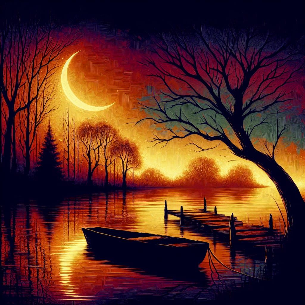 Autumn Lake: Crescent Moon in Acrylic Style