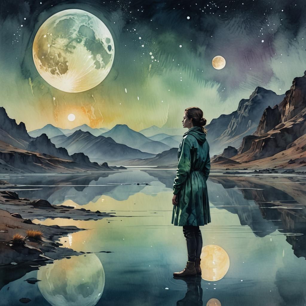 Watercolor Woman on Alien Planet with Double Moons
