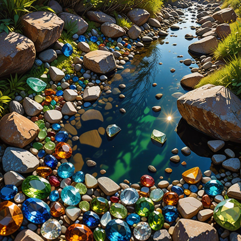 Surreal Gemstone Landscape with Radiant Sunshine