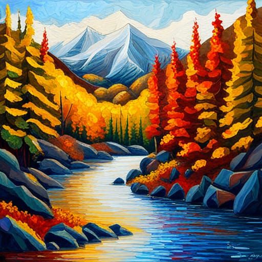 Autumn Mountains in Expressionist Neo-Impressionist Style