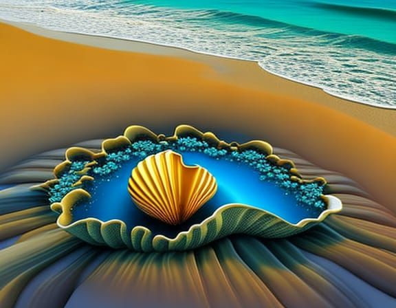 Golden Seashell Queen Conch on Ocean Beach in Splash Art