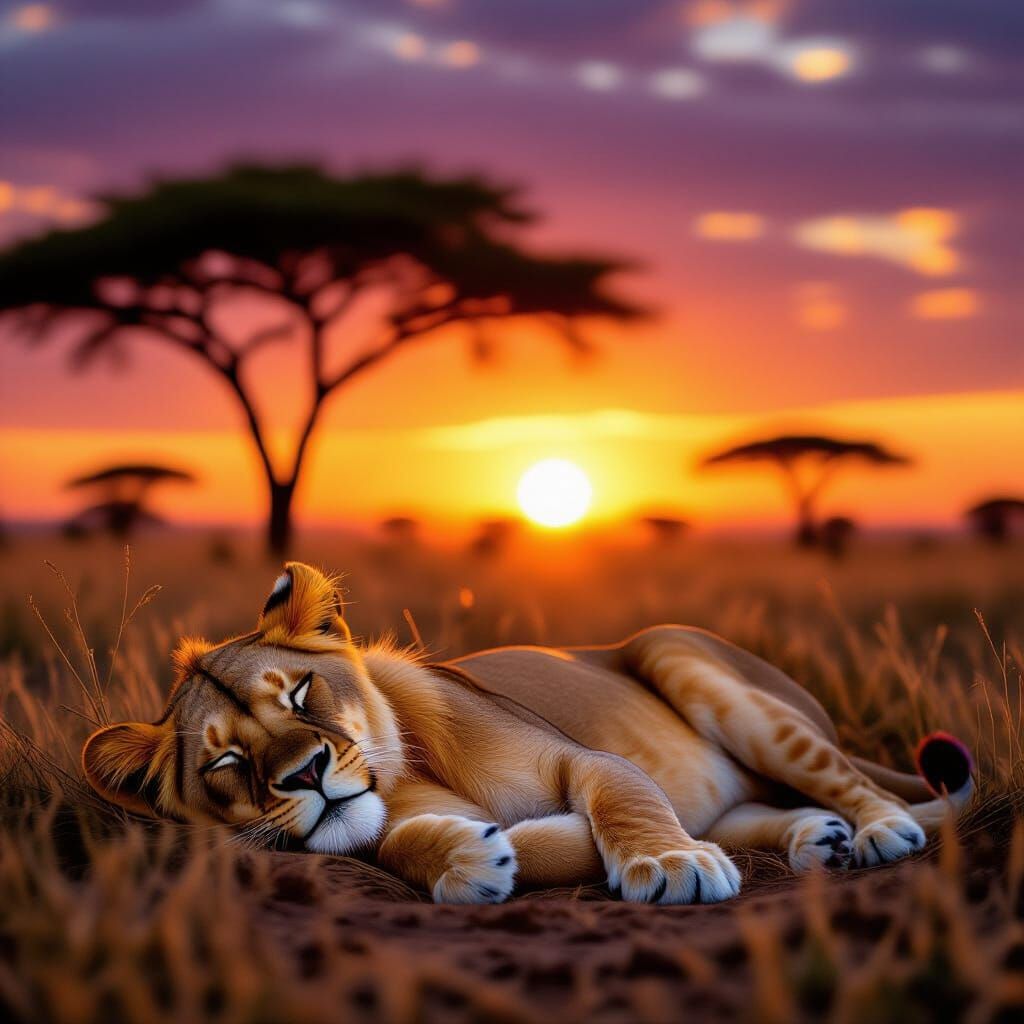 Young Lioness Napping in Savanna at Golden Hour