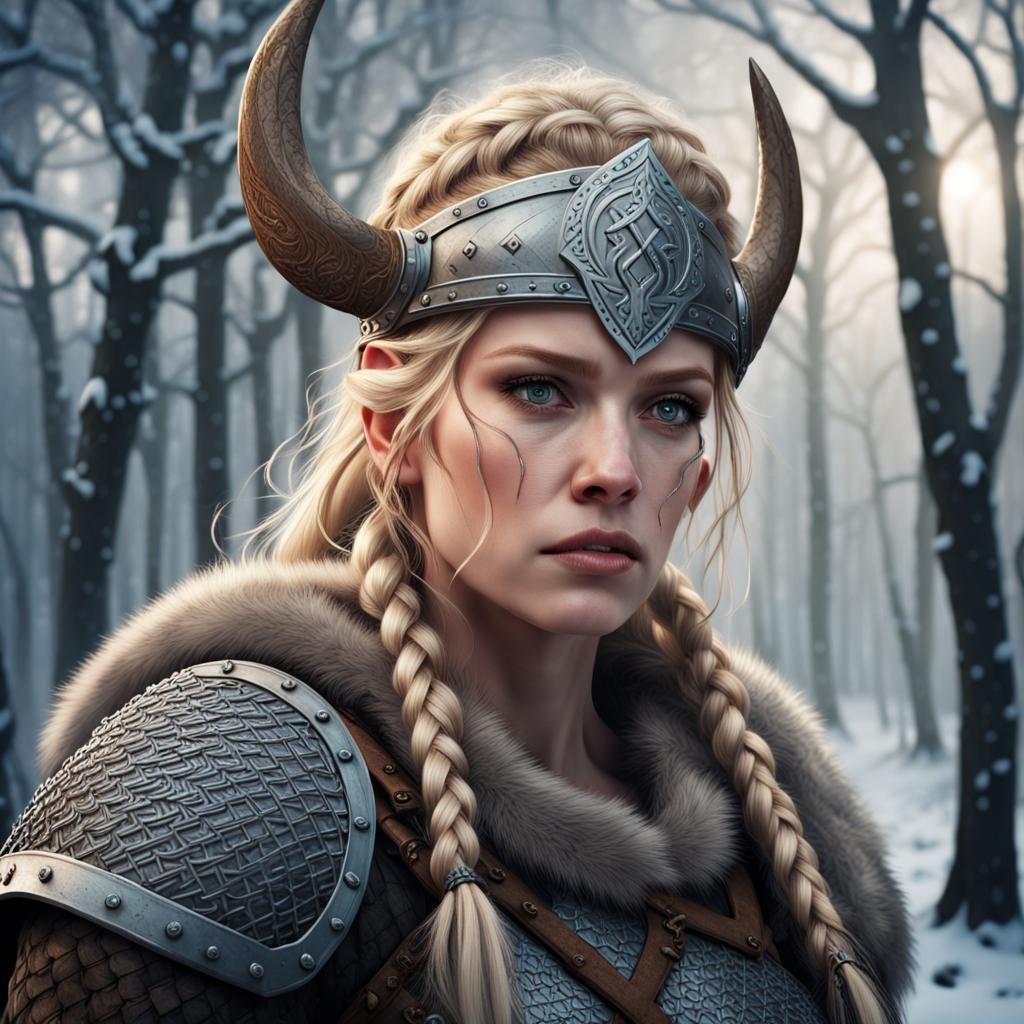 Viking Shieldmaiden in Winter Forest, Detailed Painting