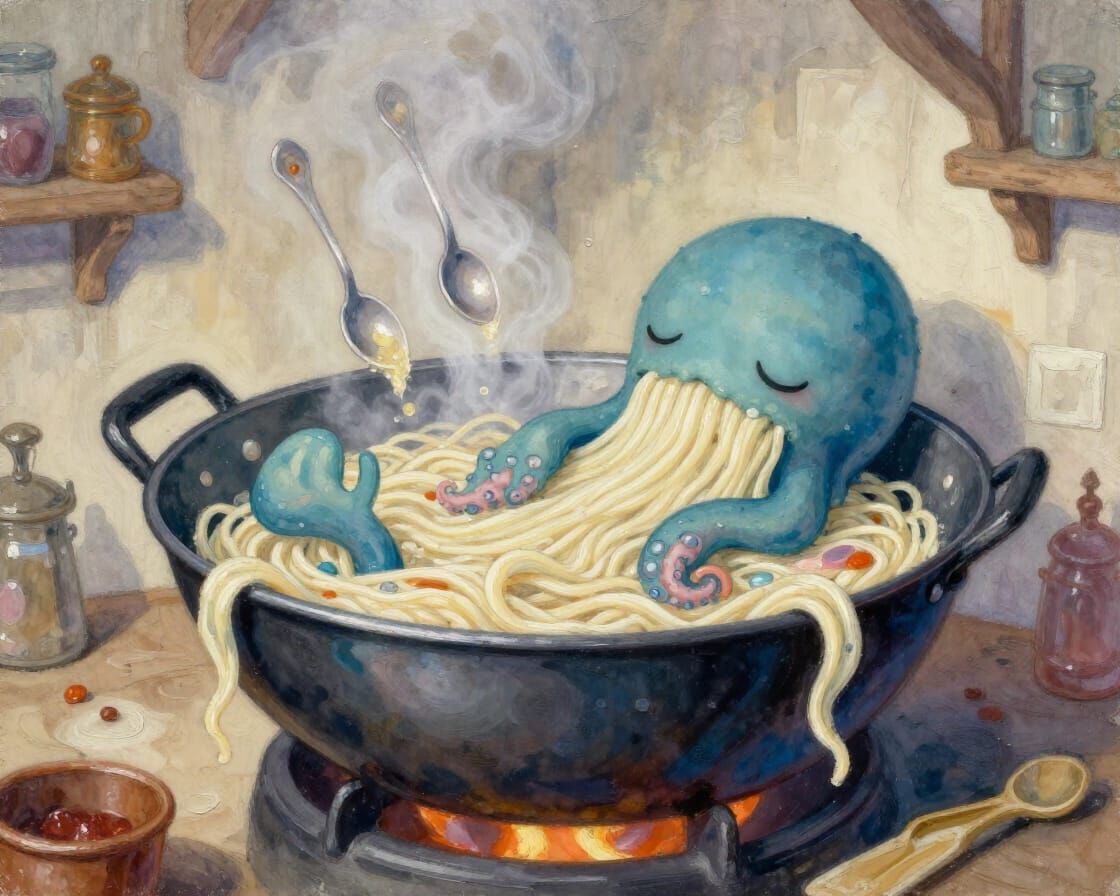 Tiny Kraken Sleeps in Enchanted Wok in Chibi Wizard Kitchen