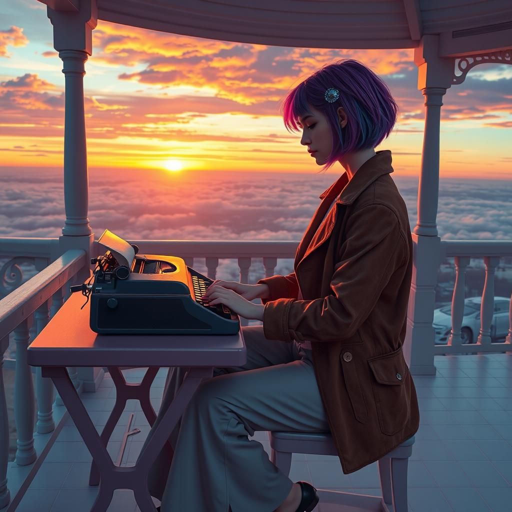 Woman Writes Book on Veranda in Pastel Sunset