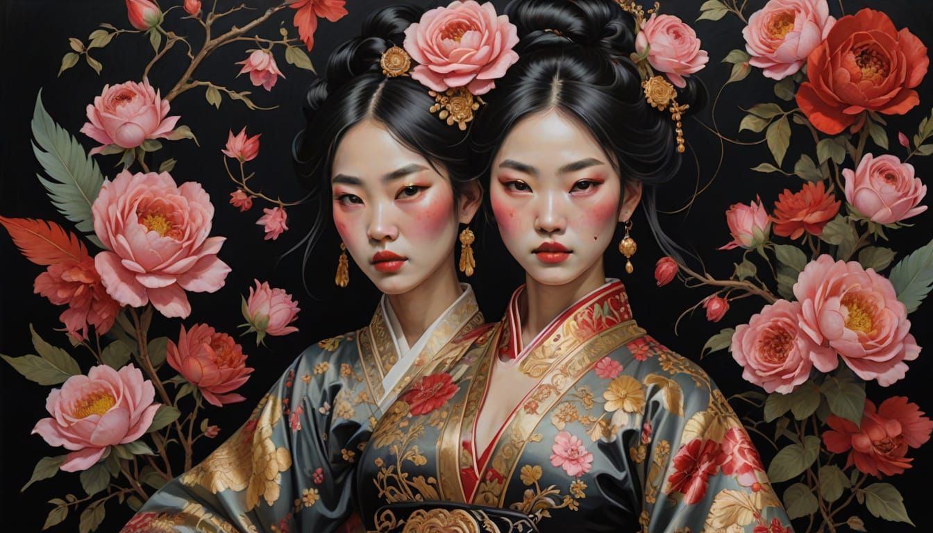 A high-resolution photo of a young, slim-fit busty Korean woman dressed in an intricate traditional outfit. She wears a ...